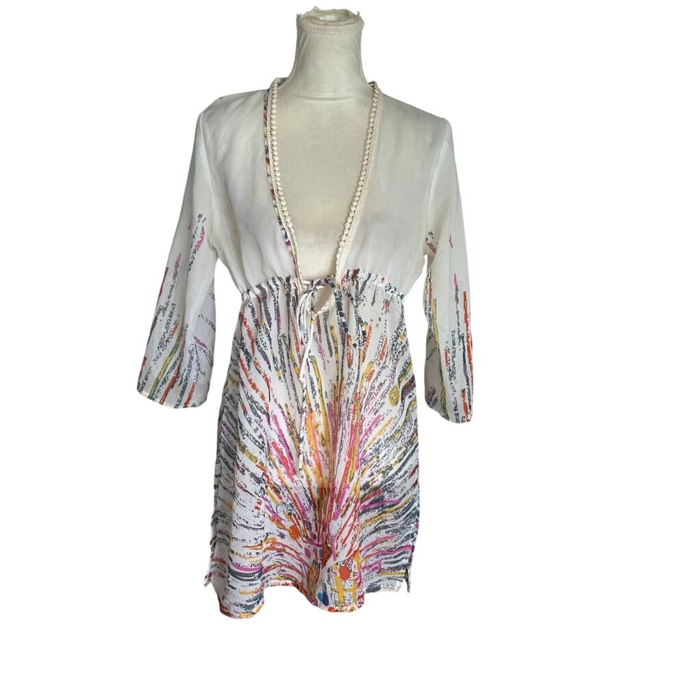 Ingear Womens Sheer Tunic Cover-Up With Colorful Abstract Print & Pom-Pom Trim